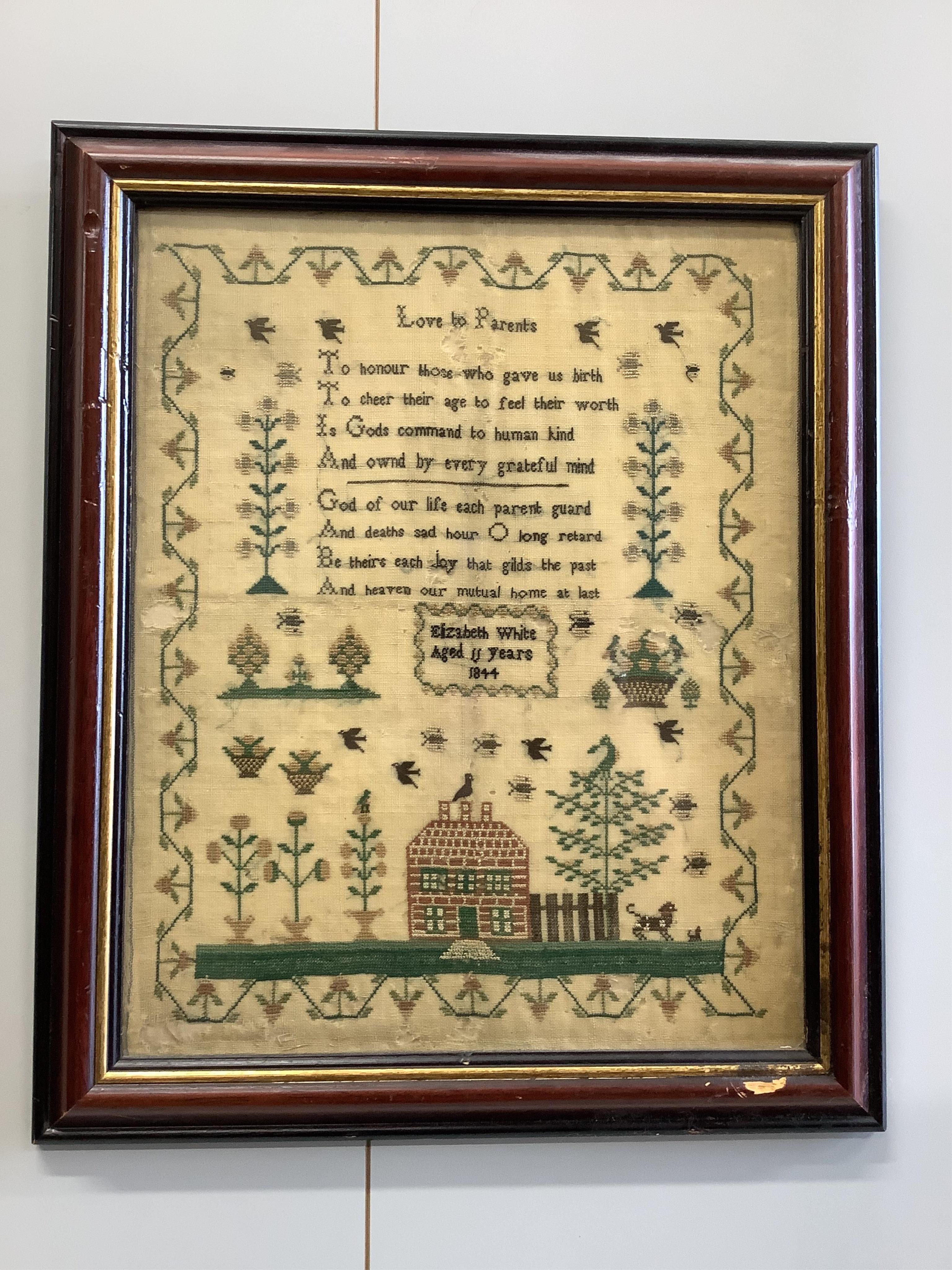 Two mid 19th century samplers worked by Elizabeth White, one dated 1842 aged 8 years, the other 1844 aged 11 years, both worked with a country scene of a house, birds, dogs and trees, the earlier sampler with a top panel